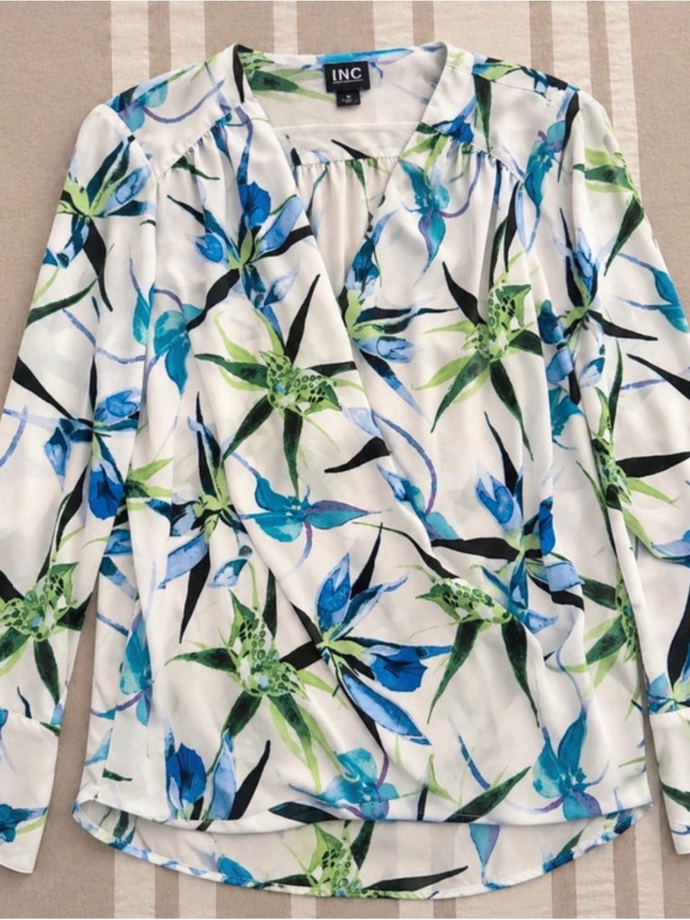 INC International Concepts White Floral Blouse with Blue & Green Botanicals